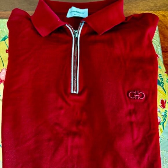 Salvatore Ferragamo Men's 1/4 Zip Embroidered Pique Polo Shirt, Red, L Excellent - Picture 4 of 13